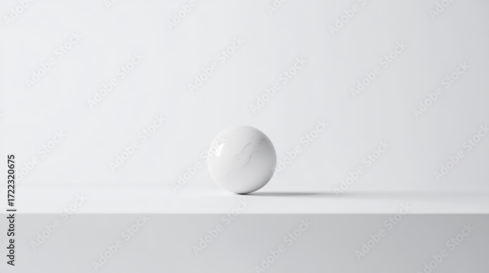 Poster small marble ball gently hovering above flat white surface, creating serene and minimalist aesthetic