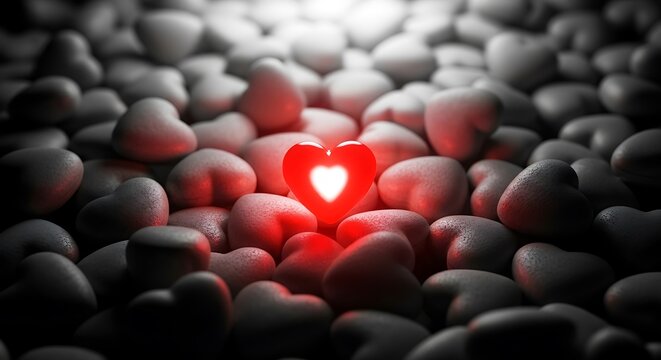 Illustration of a single glowing red heart shape stands out amongst a pile of grey heart shapes, symbolizing love and uniqueness
