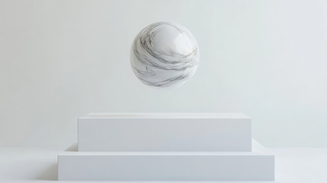 Swirling marble ball hovers gracefully above minimalist white pedestal, creating serene and modern aesthetic. smooth surface and elegant design evoke sense of calm and sophistication