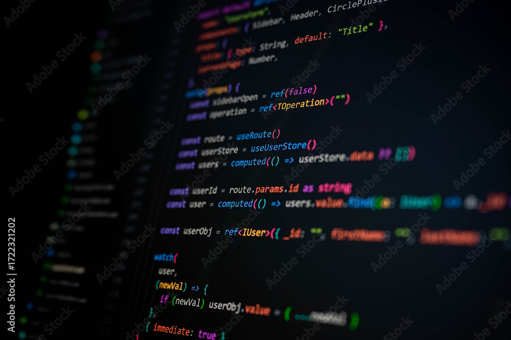 Fototapete close-up of typescript code on dark screen showing reactive functions with refs, route, and user obj