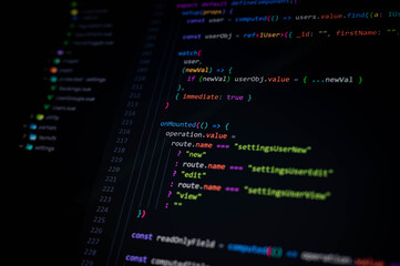 Close-up of TypeScript code on dark screen showing reactive functions with watch, onMounted, and route conditions, symbolizing modern web development, clean coding, and software engineering practices.