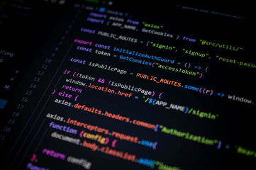 Close-up of fictional JavaScript code mockup in a dark code editor, simulating access control and token-based login logic used in software development and backend authorization processes.