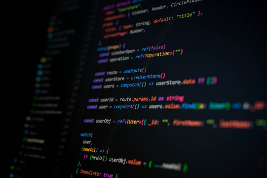 Close-up of TypeScript code on dark screen showing reactive functions with refs, route, and user object, symbolizing modern web development, clean coding practices, and software engineering.