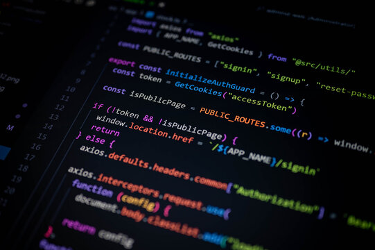 Close-up of fictional JavaScript code mockup in a dark code editor, simulating access control and token-based login logic used in software development and backend authorization processes.