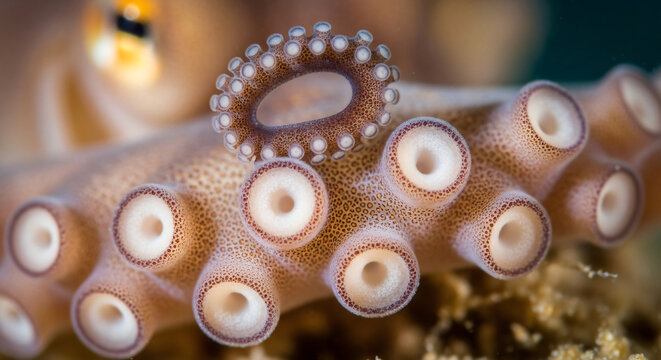Extreme close-up of an octopus's textured arm with numerous suction cups, revealing intricate details of its underwater anatomy.