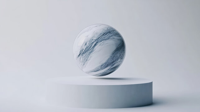 Swirling marble ball hovers gracefully over simple white platform, creating serene and modern aesthetic. smooth surface and elegant design evoke sense of calm and sophistication