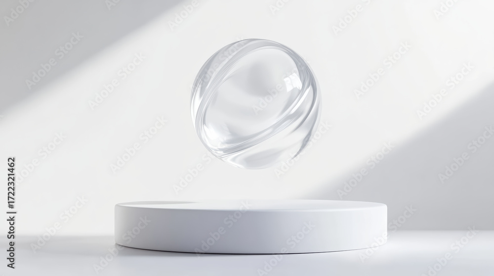 Poster swirling marble ball floats gracefully above simple white pedestal, illuminated by soft light, creat