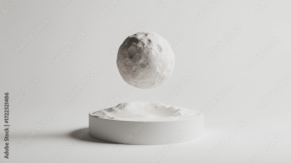 Poster textured marble ball floats above pristine white surface, creating striking visual contrast. smoothn