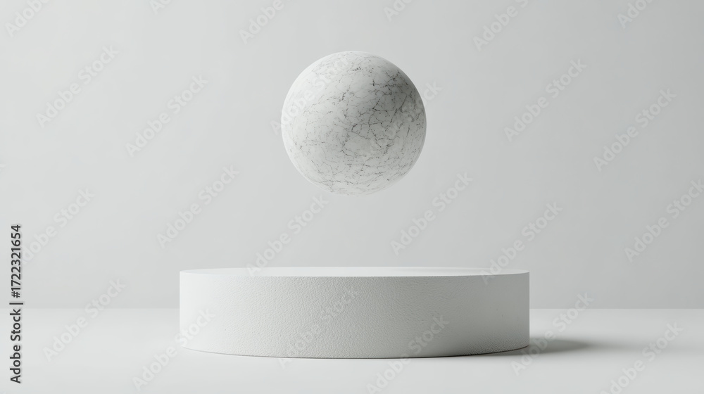 Poster textured marble ball floats gracefully above pristine white pedestal, creating serene and minimalist