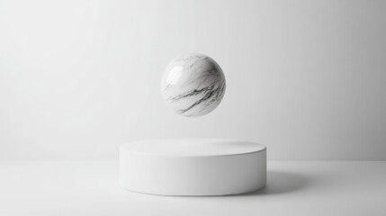 Textured marble ball floats gracefully above pristine white pedestal, creating striking contrast in minimalist setting. smooth surface and elegant design evoke sense of calm and sophistication