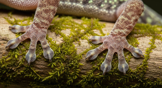 Close-up view of a gecko's specialized feet with adhesive pads gripping mossy bark.