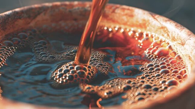 Close up view of dark liquid being poured into a cup with bubbles visible on the surface of the liquid