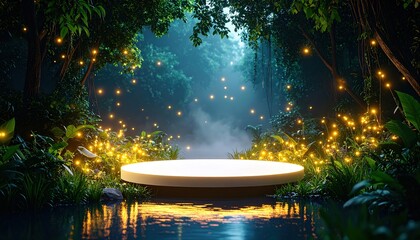 A luminous, round pedestal platform sits amidst a lush, mystical jungle scene, illuminated by glowing lights.