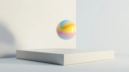 Vibrant marble ball levitating over sleek white platform creates captivating visual effect. colorful swirls of ball contrast beautifully with minimalist background, evoking sense of wonder