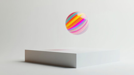 Vibrant marble ball levitating over sleek white platform creates striking visual contrast. colorful patterns on ball evoke sense of playfulness and creativity