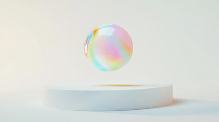 Vibrant marble ball levitating over sleek white platform creates mesmerizing visual effect. colorful reflections and soft lighting evoke sense of wonder and tranquility