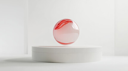 Vibrant marble ball levitating over sleek white platform creates striking visual contrast. smooth surface and soft colors evoke sense of modern elegance and tranquility