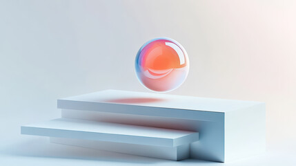 Vibrant marble ball levitating over sleek white platform creates captivating visual effect. smooth surface and soft colors evoke sense of modern elegance and tranquility