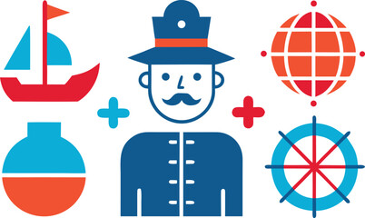 Columbus day flat vector icon set ships compass nautical elements illustration vector