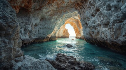 Tranquil sea cave opening, bathed in sunlight, showcasing a serene coastal scene with azure water and textured rock formations.