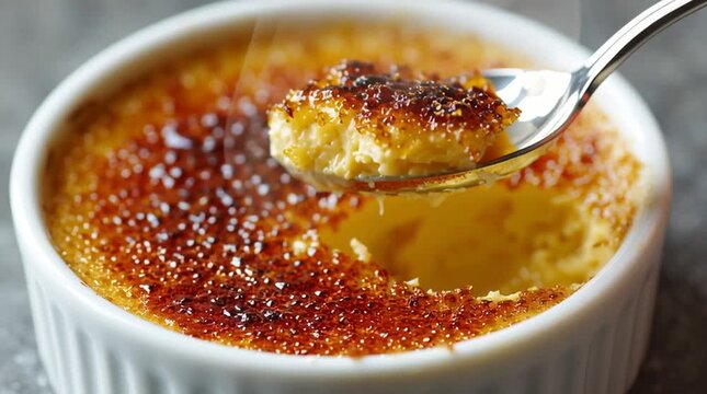 Close up of cr&egrave;me br&ucirc;l&eacute;e in a white ramekin with a spoon scooping a portion of the caramelized top