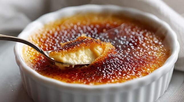 Close up of cr&egrave;me br&ucirc;l&eacute;e in a white ramekin with a spoon scooping a portion out to eat now please