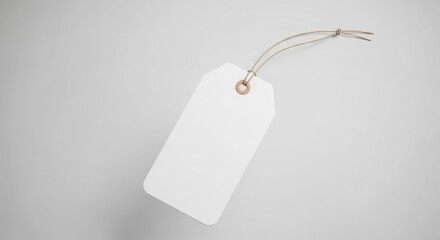 A blank white price tag hangs against a plain gray background, ready for use.