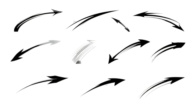 Collection of handdrawn arrows isolated on transparent background.