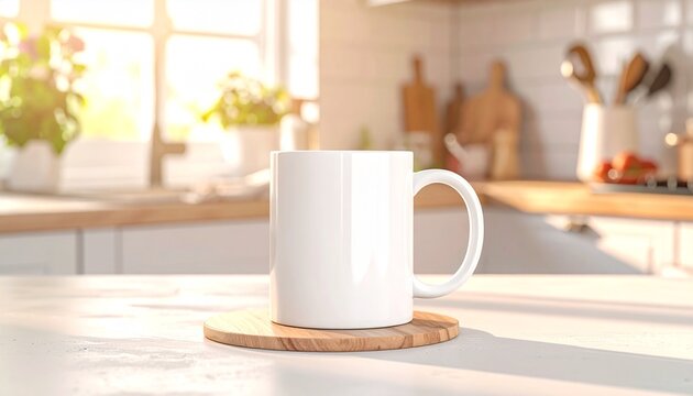 Blank white ceramic mug on a wooden coaster for a product mockup, set against a sunlit kitchen background