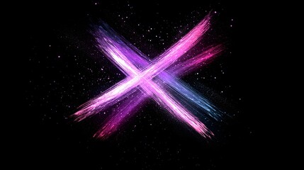 Vibrant, contrasting pink and blue brushstrokes form an X shape against a dark, starry background.