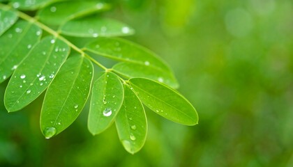 Fototapeta premium Fresh green leaves with water droplets (1)