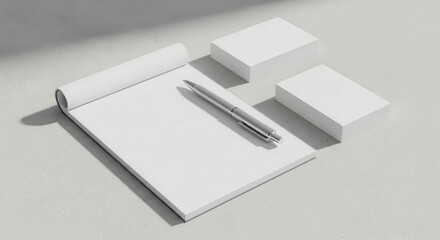 Clean office stationery arrangement featuring a notepad, pen, and blank business cards, ready for use.