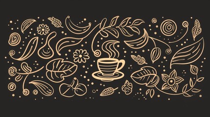 Golden Tea Leaves and Cup Botanical Illustration.