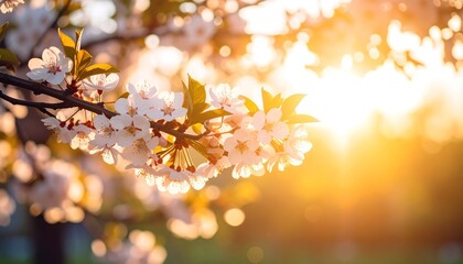 Delicate white blossoms on a tree branch bathed in warm sunlight, creating a serene and cheerful springtime scene.