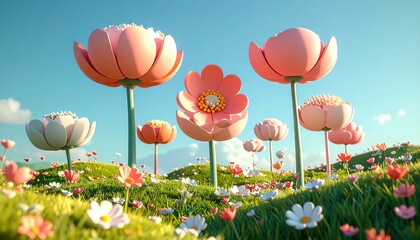 A vibrant field of large, stylized flowers in pastel shades against a clear blue sky, conveying a cheerful and whimsical mood.