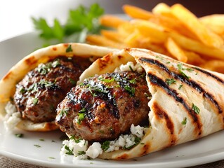 Delicious gyro wraps filled with seasoned ground meat served with french fries on a white plate close up view.