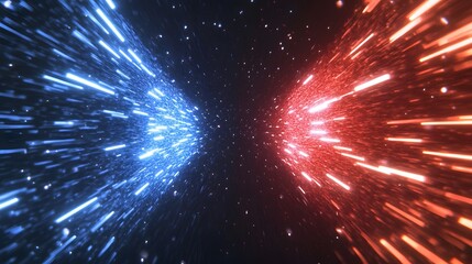 A dynamic, vibrant illustration showcasing a symmetrical, glowing tunnel of blue and orange light streaks against a dark background.