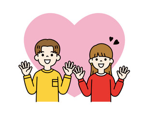 大きなハートと、当選して大喜びする若い男性と女性の上半身ベクターイラスト素材＿カラー