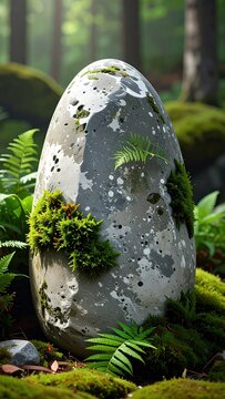 A large, ovular stone, speckled with light gray and white markings, is nestled within a bed of vibrant green moss and ferns in a tranquil forest setting.