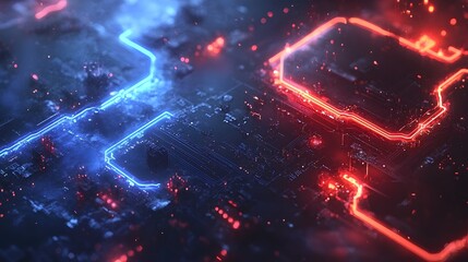 A detailed circuit board illustration, glowing with vibrant red and blue neon lines, showcasing a futuristic and technological design.