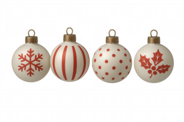 Four white christmas baubles with red snowflake, stripes, polka dots, and holly decorating for winter holidays