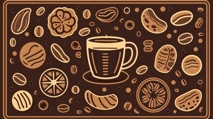 Obraz premium Coffee Cup and Citrus Slices with Coffee Beans on a Dark Background.