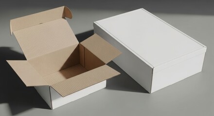 Two cardboard boxes, one open revealing the brown interior and one closed, on a gray surface.