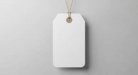 Blank white price tag hanging from a light beige string against a neutral gray background.