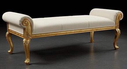 Ornate gold bench with cream upholstery on dark floor gilded