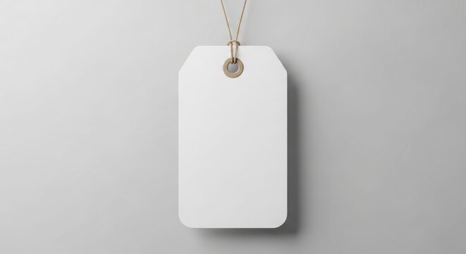 Blank white price tag hanging from a light beige string against a neutral gray background.