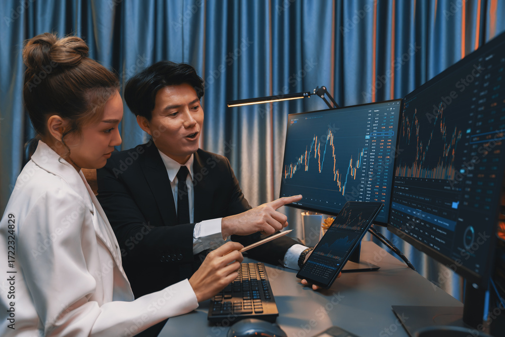 Poster businessman holding tablet on dynamic stock exchange statistic online showing to partners to share, 