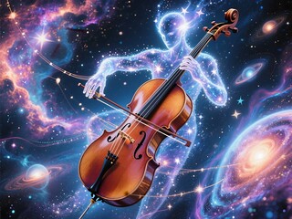 Fototapeta premium A Serene Celestial Being Playing a Cello Amongst the Galaxies and Swirling Nebulae