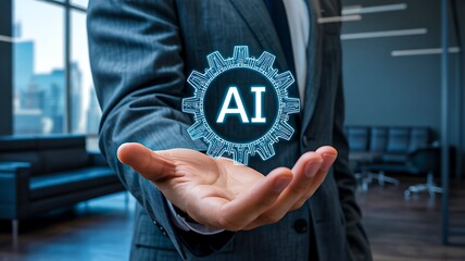 Businessman holding digital ai technology gear icon in virtual interface