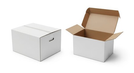 Two white cardboard boxes, one closed and the other opened, are displayed on a white surface.